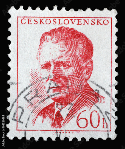 Stamp printed in Czechoslovakia shows a portrait of President Antonin Novotny, circa 1958 photo