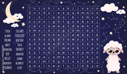 Word search game for kids with cute animal character, bedtime concept, riddle for children books, worksheet activity
