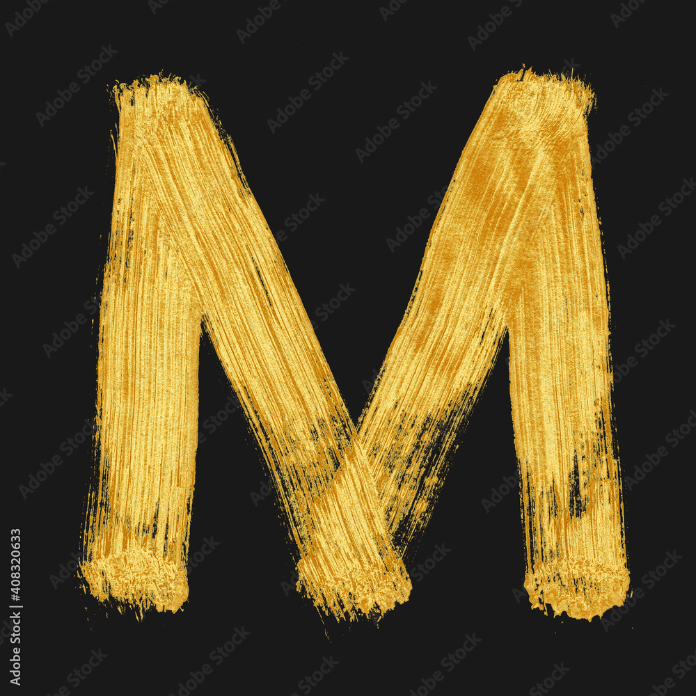 Hand drawn golden alphabet letter M. Letter drawn with dry brush. Hand painted style. Isolated. Gold glittering letter. - obrazy, fototapety, plakaty 