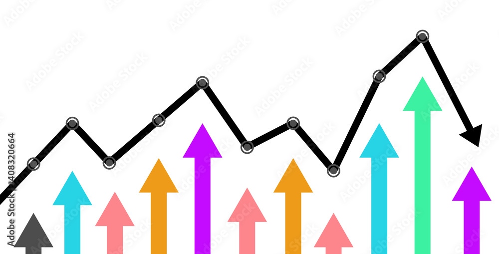 Abstract Business chart with trend line graph and arrows of stock market in flat icon design on white color background Abstract Business chart with trend line graph and arrows of stock market in flat icon design on white color background