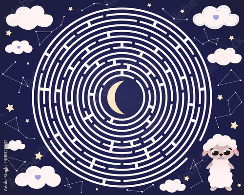 Maze for kids, difficult labyrinth with ute animal character - sheep in cartoon style, bedtime riddle , activity