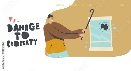 Damage Property Landing Page Template. Looter Breaking Store Showcase or House Window with Crowbar, Aggressive Looting