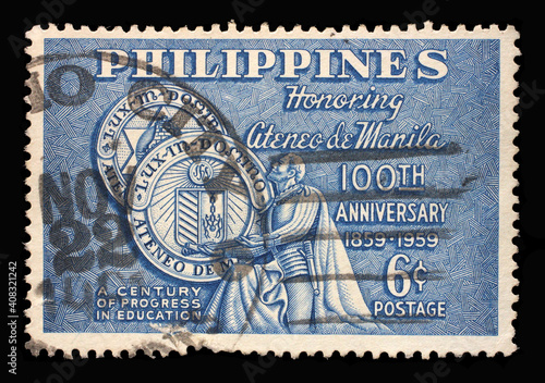 Stamp printed in Philippines shows 100th anniversary Ateneo de Manila University, circa 1959