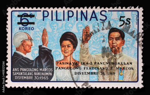 Stamp printed in Philippines shows Ferdinand Marcos Inauguration, 2nd-term inauguration of president Marcos, circa 1969