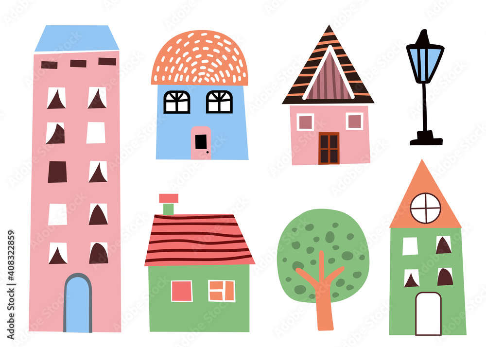 Various Colorful Abstract Building, Hand drawn Vector Illustration