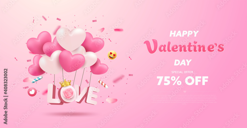 Happy Valentine's Day banner or background with 3D realistic pink heart balloon, emoji, confetti party. Romantic greeting card design with lovely elements. Promotion, special discount