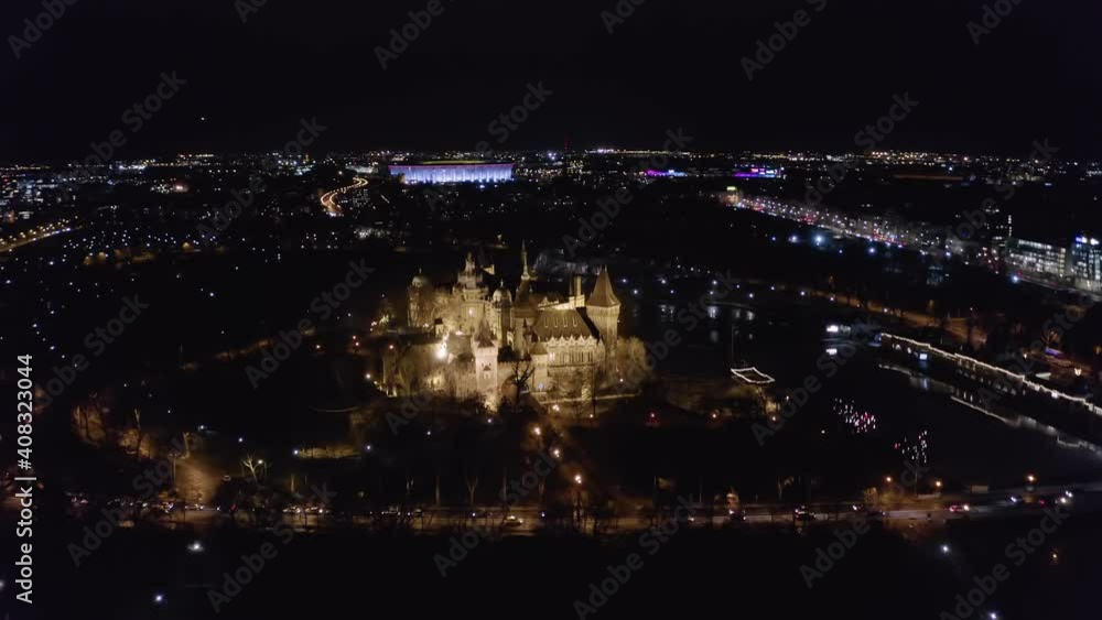 Night view in Budapest City Park with Vajdahunyad Castle, aerial drone footage Night view in Budapest City Park with Vajdahunyad Castle, aerial drone footage