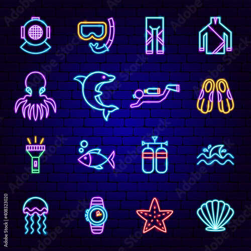 Scuba Diving Neon Icons