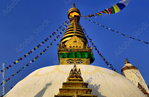 Swoyambhu Stupa or Monkey temple, Kathmandu, Nepal, Asia.Temple complex built on a hill in the west of Kathmandu photo