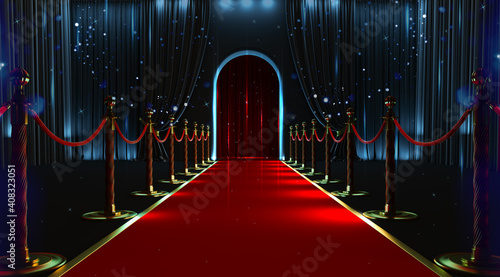 Tableau sur toile Red carpet entrance with barriers and velvet ropes. 3D render