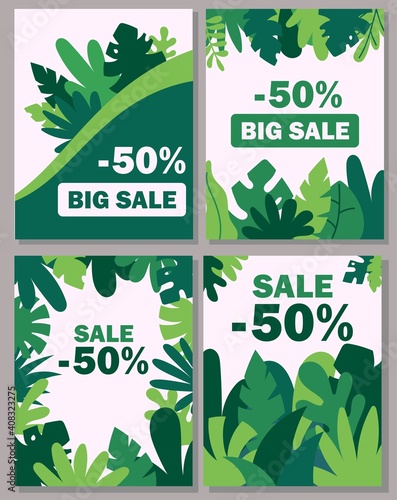 Vector background illustration with copy space for text with leaves and plants. Vertical templates for greeting cards, advertizing banners.