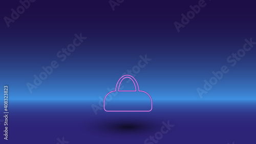 Neon sports bag symbol on a gradient blue background. The isolated symbol is located in the bottom center. Gradient blue with light blue skyline