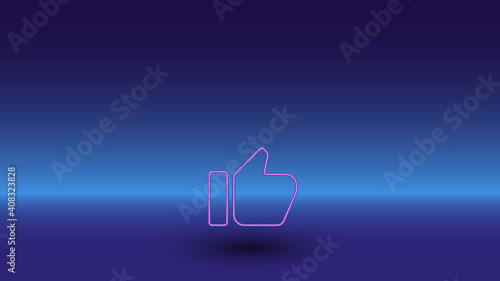 Neon thumb up symbol on a gradient blue background. The isolated symbol is located in the bottom center. Gradient blue with light blue skyline
