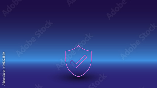 Neon protection mark symbol on a gradient blue background. The isolated symbol is located in the bottom center. Gradient blue with light blue skyline
