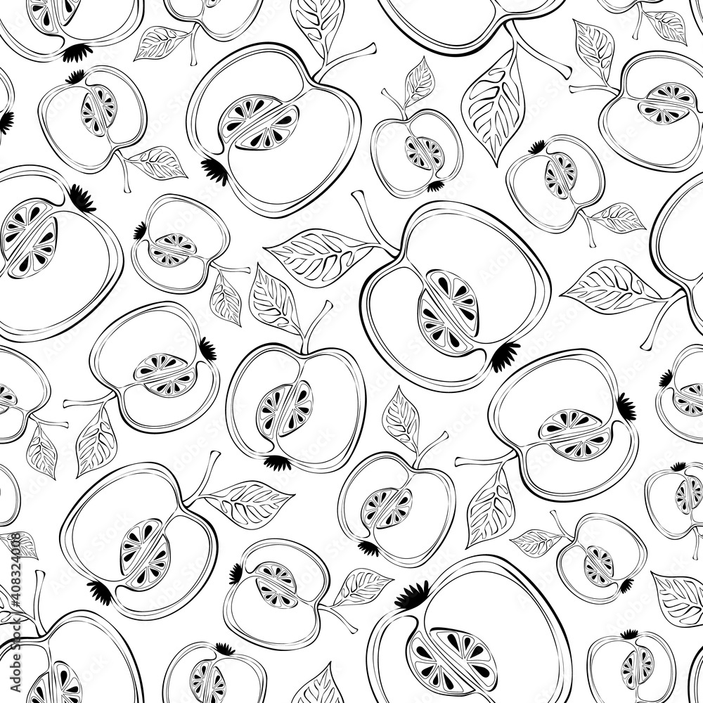 Pattern with black apples in a cut on a white background. Pattern with black apples in a cut on a white background.