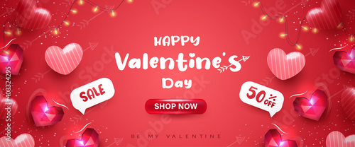 Happy Valentine's day banner or background with 3D realistic heart, polygon heart in glass, bubble speech and light hanging on red. Poster promotion special discount. Greeting card design