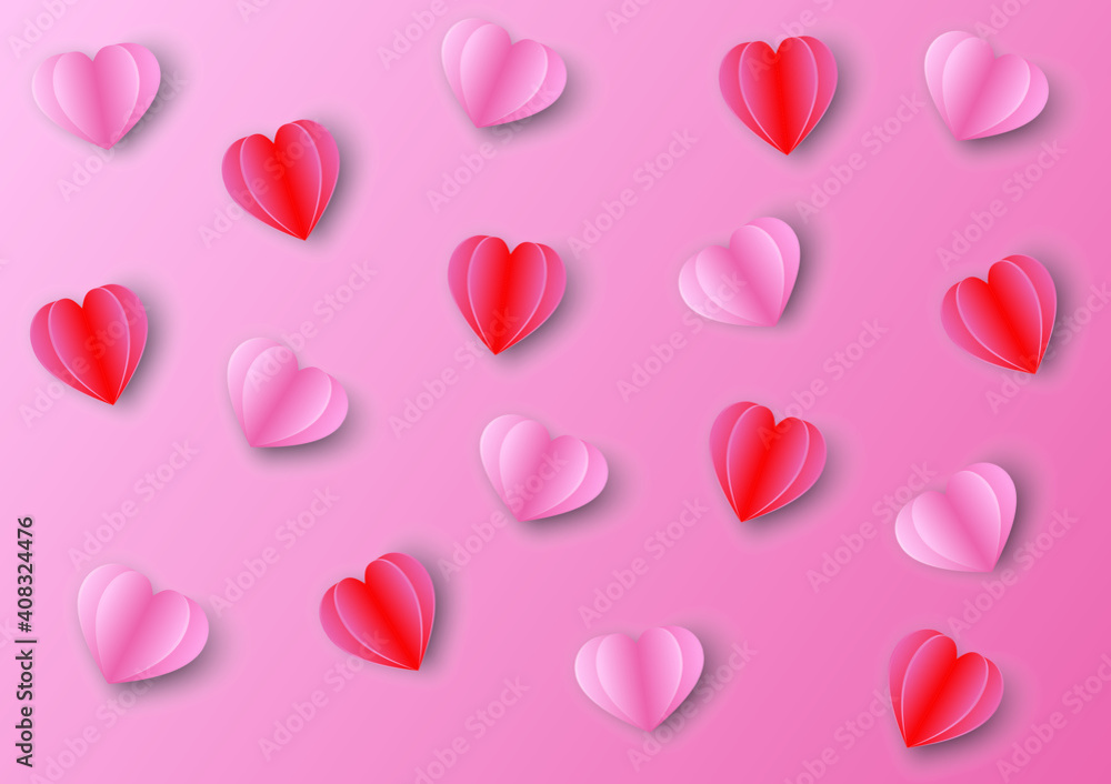 Several pink and red paper hearts are placed on a light pink background