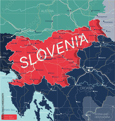 Slovenia country detailed editable map with regions cities and towns, roads and railways, geographic sites. Vector EPS-10 file