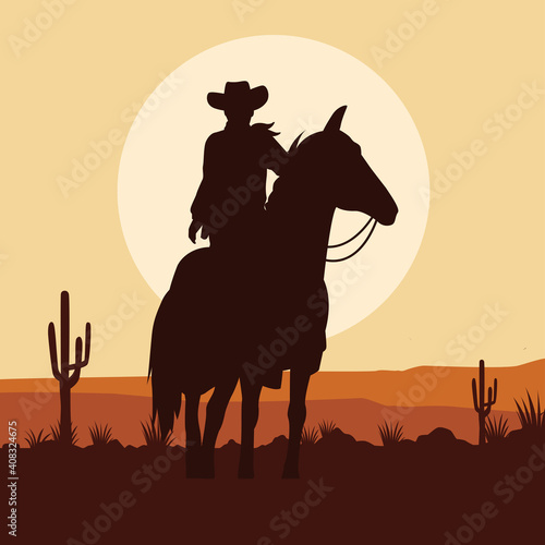 cowboy figure silhouette in horse desert landscape scene