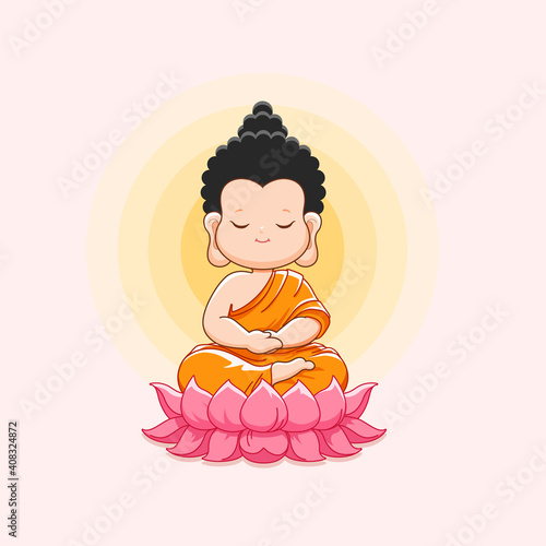 Cute Buddha meditating on lotus.Happy Vesak day or Buddha purnima-Vector Illustration