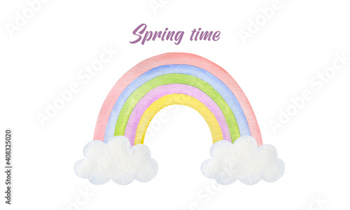 Watercolor rainbow and clouds isolated on white background. Spring time banner.