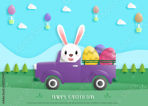 Happy easter day in paper art style with rabbit and easter eggs. greeting card, posters and wallpaper. Vector illustration.