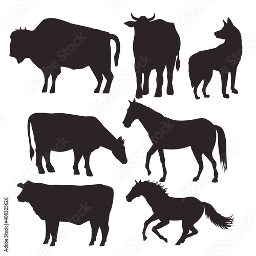 horses and cows black animals silhouettes isolated icons