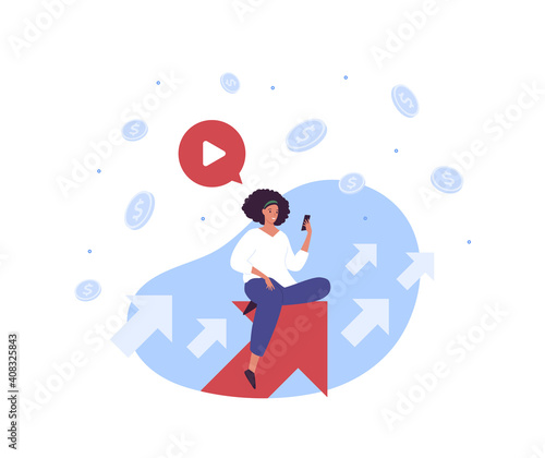 Business and marketing concept. Vector modern flat people illustration. Growing arrow and video blogger symbol. Arfican american woman with smartphone sitting. Design element for advertisement.