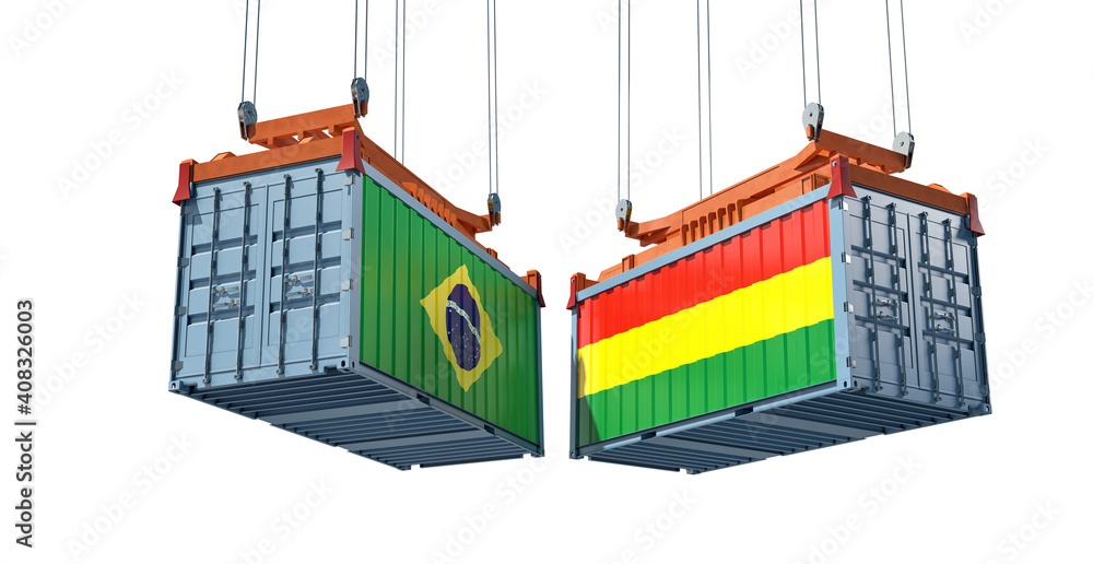 Freight containers with Brazil and Bolivia flag. 3D Rendering Freight containers with Brazil and Bolivia flag. 3D Rendering