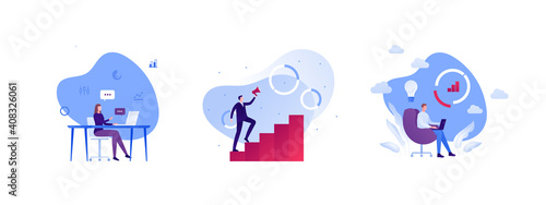 Business solution and success concept. Vector flat people illustration set. Finance growing column and pie chart symbol. Collection of businessman, businesswoman and employee character work on laptop.