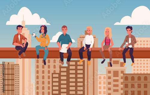 People sitting on crossbeam and drink coffee.