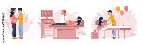 Set of pregnant woman and childbirth.