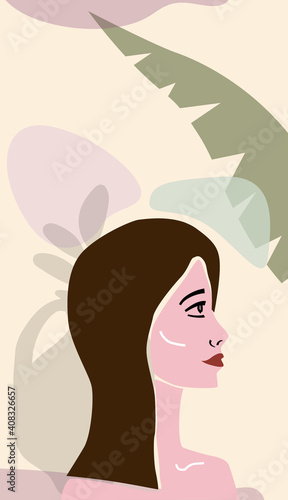 Woman portraite minimal abstract contemporary style. Female face flora leaves shapes vase silhouette