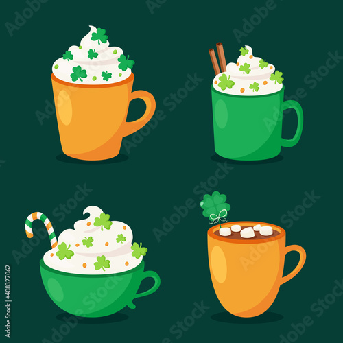 St. Patrick's Day hot drinks collection. Vector illustration.