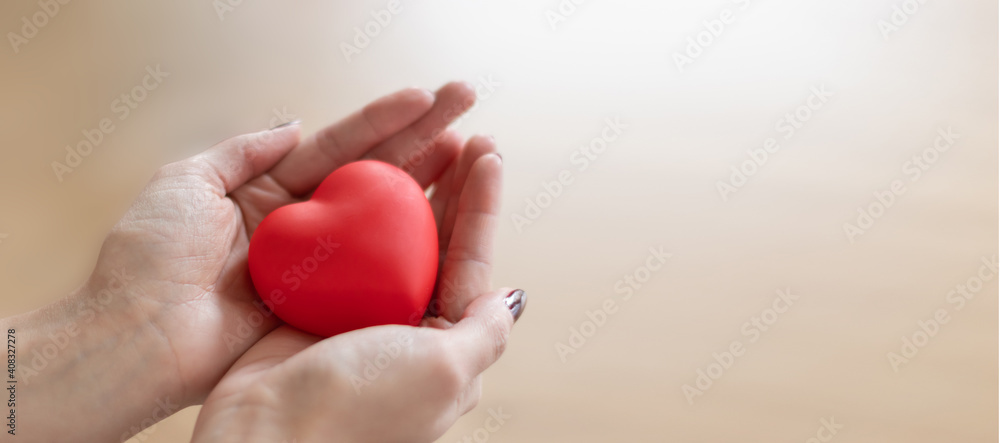 A woman holding a red heart between her hands. Happy valentine’s day, red color, heart icon, isolated background