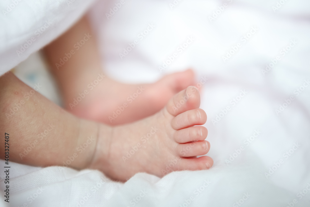 close up the feet of a newborn baby wearing a dress on white background close up the feet of a newborn baby wearing a dress on white background