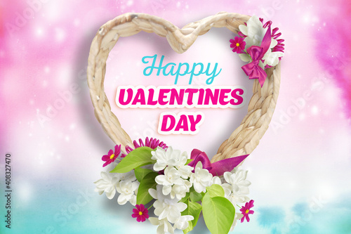 Happy Valentinas Day greeting card or banner. Decorative hearts with lillies und cherry flowers and petals background photo