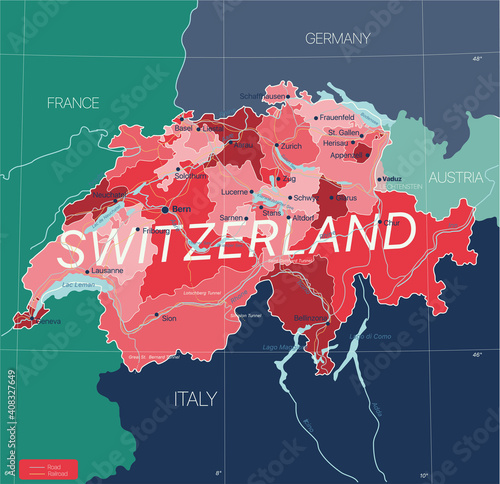 Switzerland country detailed editable map with regions cities and towns, roads and railways, geographic sites. Vector EPS-10 file