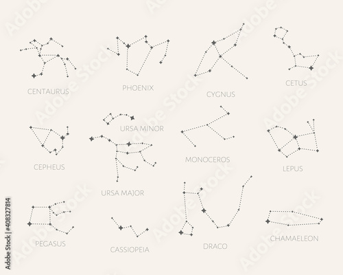 Set of 12 Constellations. Centaurus, Phoenix, Cygnus, Getus, Cepheus, Ursa Minor, Ursa Major, Monoceros, Lepus, Pegasus, Cassiopeia, Draco, Chamaeleon photo