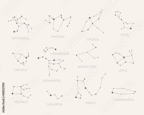 Set of 12 Constellations. Centaurus, Phoenix, Cygnus, Getus, Cepheus, Ursa Minor, Ursa Major, Monoceros, Lepus, Pegasus, Cassiopeia, Draco, Chamaeleon