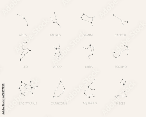 Set of 12 zodiac signs. Constellation of Aries, Taurus, Leo, Gemini, Virgo, Scorpio, Libra, Aquarius, Sagittarius, Pisces, Capricorn, Cancer.