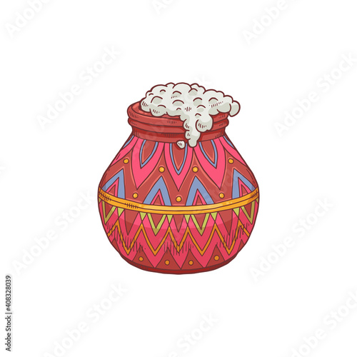 Festive beautiful indian mud pot overflowing with rice a vector illustration