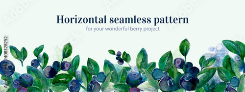 Horizontal watercolor blueberry seamless in watercolor style on white background. Seamless floral pattern. Color pattern, forest berry vector illustration.
