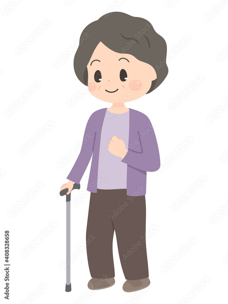 杖をついて歩くおばあちゃんのイラスト_片麻痺