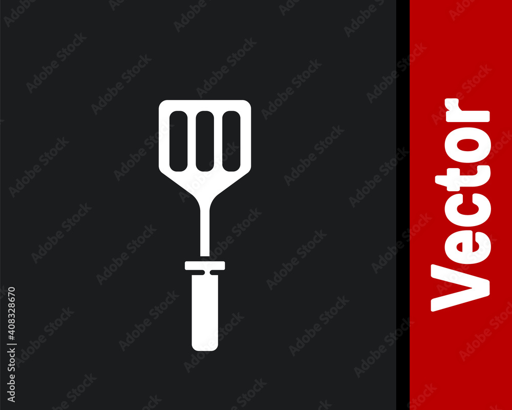 Fototapeta premium White Spatula icon isolated on black background. Kitchen spatula icon. BBQ spatula sign. Barbecue and grill tool. Vector Illustration.