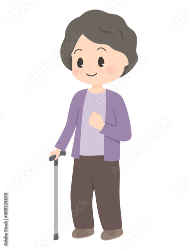 杖をついて歩くおばあちゃんのイラスト_片麻痺