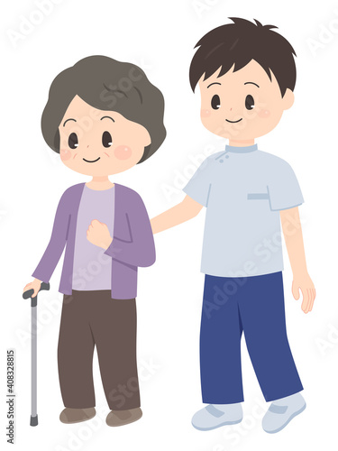 杖をついて歩くおばあちゃんのイラスト_片麻痺_リハビリ