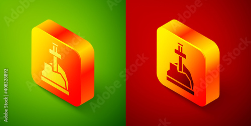 Isometric Sword in the stone icon isolated on green and red background. Excalibur the sword in the stone from the Arthurian legends. Square button. Vector.