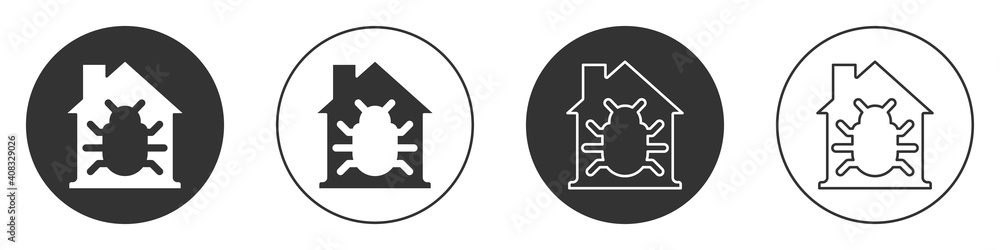 Black House system bug concept icon isolated on white background. Code bug concept. Bug in the system. Bug searching. Circle button. Vector. Black House system bug concept icon isolated on white background. Code bug concept. Bug in the system. Bug searching. Circle button. Vector.
