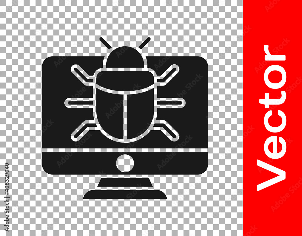 Black System bug on monitor icon isolated on transparent background. Code bug concept. Bug in the system. Bug searching. Vector. Black System bug on monitor icon isolated on transparent background. Code bug concept. Bug in the system. Bug searching. Vector.